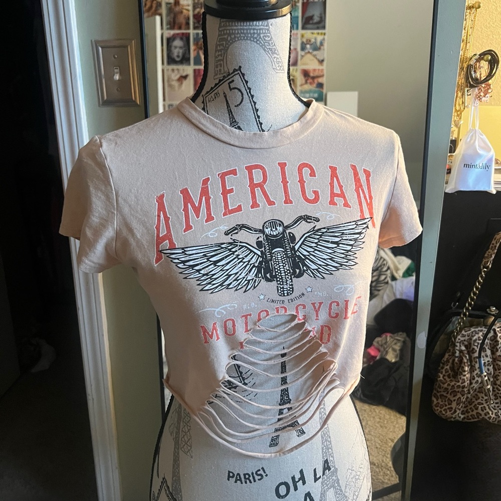 American Motorcycle Slashed Cut Cropped Tee